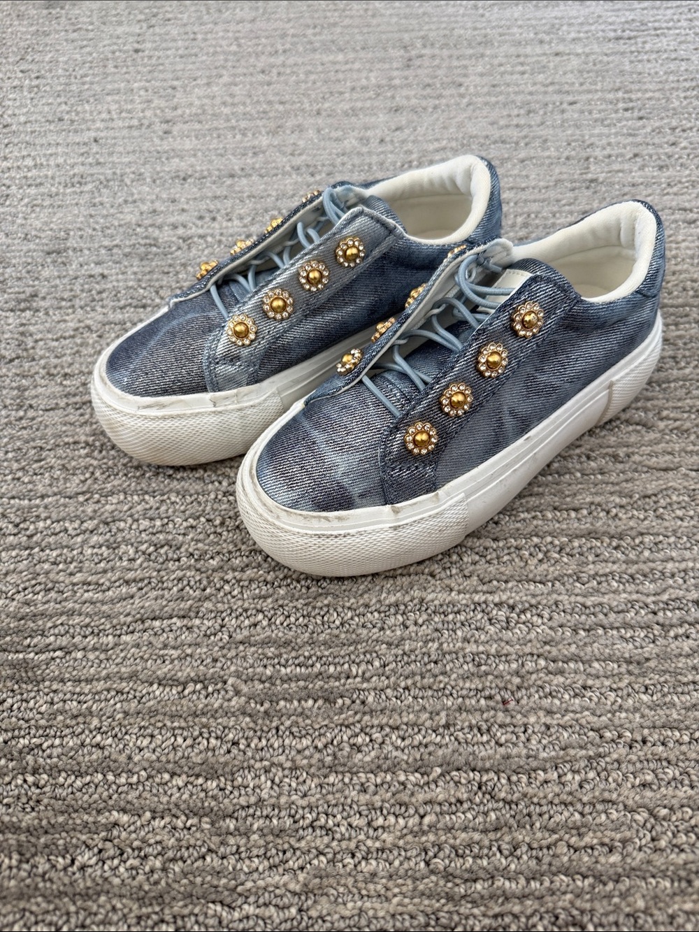 Denim Blue Platform Sneakers with Gold Stud Accents